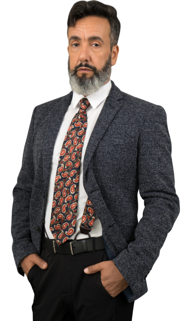 Professional photo of a mature Latin businessman in his fifties with salt and pepper beard, wearing a textured navy blazer, white dress shirt, bold paisley red tie, and black trousers, standing confidently with hands in pockets against a white background, ideal for leadership profiles on voxmani.com.​